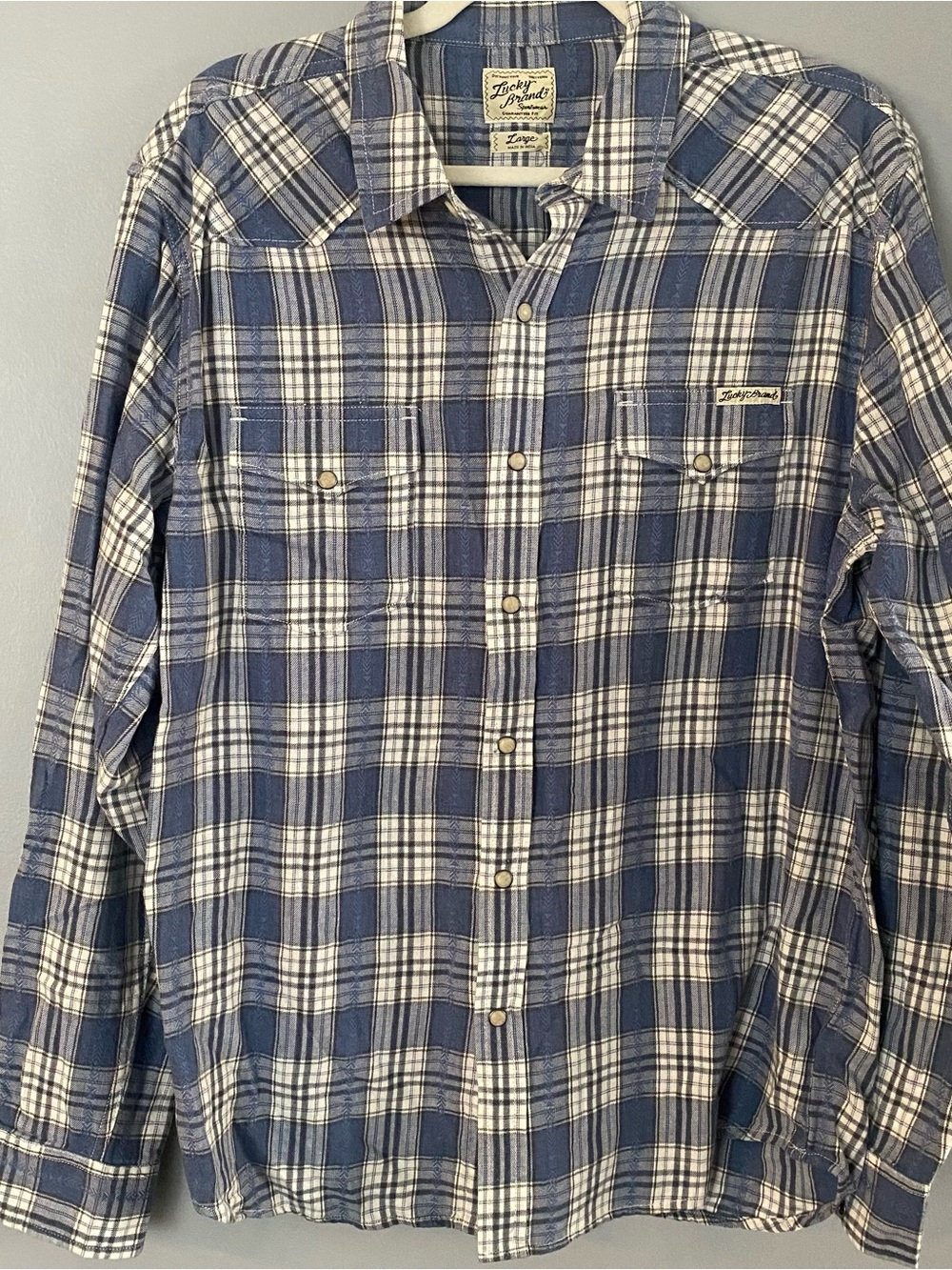 Lucky Brand Blue and White Plaid Button-Down Shirt SZ L